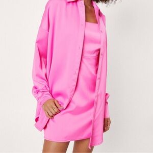 Vibrant Pink Satin Dress and Shirt Set